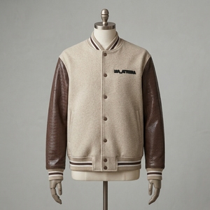 <b>Men</b> Cream Wool <b>Leather</b> Sleeve Bomber <b>Jacket</b> <b>Brown</b> Crocodile Texture Custom Embroidered Premium Streetwear - Product Image 1