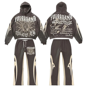 Ensemble sweat à capuche unisexe noir style punk avec pantalon large à motifs flamme, tenue deux pièces graphique vintage streetwear gothique Y2K délavée - Product Image 4
