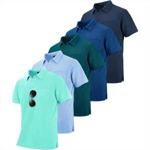 Polo à manches courtes bleu pour homme avec poche poitrine, en piqué de coton tricoté respirant, couleur unie, coupe classique - Product Image 2