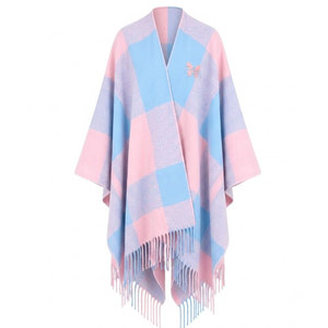 Gamma Phi Delta Sorority <b>Women</b> Blue & Pink Checkered <b>Cape</b> Shawl Cardigan Casual 100% Acrylic Winter Warm Daily Wear Scarf - Product Image 4