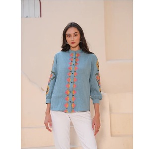 Camisa de Poliéster Azul Polvo Bordada de la Mejor Calidad, Estilo Blusa, para Oficina y Ocasiones Formales, Disponible al Mejor Precio para el Comprador - Product Image 1