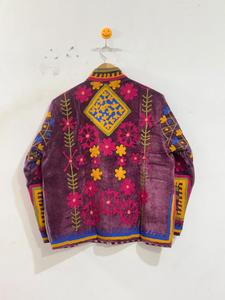 Veste en velours Suzani brodée multicolore verte, style bohème traditionnel, imperméable, col montant, fermeture éclair, printemps - Product Image 4