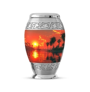 Urna Funeraria Metálica 'Paraíso Oceánico Atardecer Dorado Intenso' - Recipiente Decorativo para Cenizas con Borde Plateado Grabado a Mano para Amantes de la Naturaleza - Product Image 1