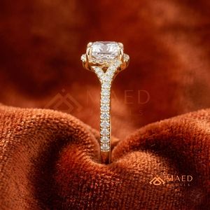 14K/18K Gold Round Cut Engagement <b>Ring</b> with Wave <b>Split</b> Shank & Pavé Halo Diamonds | Luxury Wedding <b>Ring</b> for Women - Product Image 3