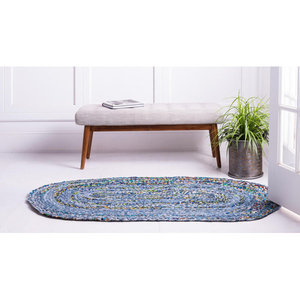 Tapis rond tressé bleu multicolore à motif abstrait, style bohème, fils recyclés, poils moyens, pour salon - Product Image 2