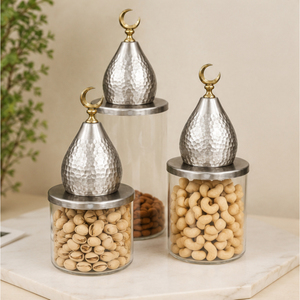 Tarros de Vidrio Hechos a Mano, Ecológicos y Personalizables para el Ramadán Eid Mubarak, con Tapa de Cúpula de Mezquita Plateada Martillada y Perilla de Luna Creciente Dorada - Product Image 2