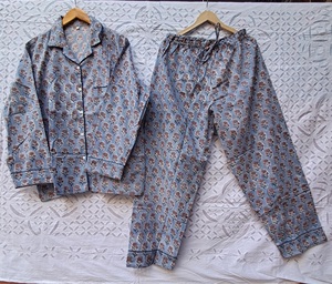 Wholesale Custom Block Printing Cotton Fabric Pajama Set With Button <b>Down</b> Collar & Elastic Waist Bottom <b>Pant</b> Comfy Sleepwear - Product Image 2