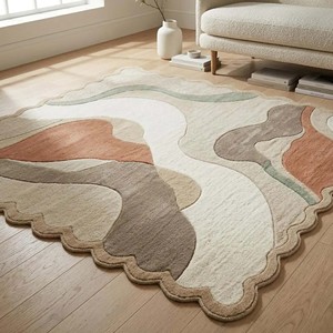 พรมลายคลื่นสีเบจโทนเอิร์ธโทน ดีไซน์ทันสมัย สำหรับห้องนั่งเล่น ห้องนอน ใช้ตกแต่งพื้น - Product Image 1