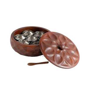 Boîte à épices en bois faite à la main avec couvercle, organiseur de rangement pour épices avec 7 récipients en acier inoxydable et cuillère en bois, support à épices - Product Image 2