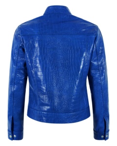 Blue Embossed genuine <b>Leather</b> Moto <b>Jacket</b> Full Sleeve Zipper Closure Stand Collar Autumn Style Regular Fit - Product Image 6