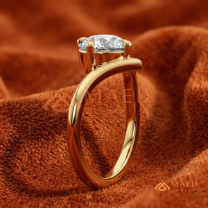 14K Yellow Gold Chevron <b>Solitaire</b> <b>Ring</b> – Modernist Wishbone Engagement Band Yellow Gold Over <b>Silver</b> Round Cut V-<b>Ring</b> - Product Image 2
