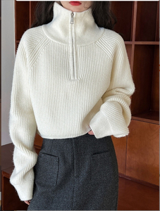 Suéter Corto de Punto para Mujer, Manga Larga, Cuello Alto, Cierre de Cremallera, Manga Farol, Color Sólido, Informal, para Invierno - Product Image 4