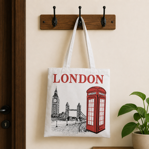 Bolsa de Mano de Lona de Algodón con Estampado de Londres |   Bolsa de Compras Reutilizable Ecológica, Bolsa de Mano Promocional Personalizada con Asas Largas - Product Image 3