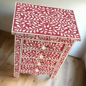 Commode à 4 tiroirs en bois sculpté à la main, incrustations osseuses rouges et blanches traditionnelles, meuble de salon aux prix les plus bas - Product Image 6