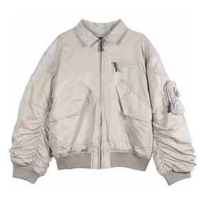 Men's Light Gray Bomber <b>Jacket</b> Turn-down Collar Zipper Closure Casual Solid Color Polyester Material Autumn Wear Regular Fit - Product Image 1