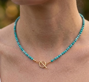 AA Grade Natural Blue Turquoise 4mm Beads Women <b>Necklace</b> 14K Gold Plated Toggle Clasp Healing Crystal Gemstone Beaded Choker - Product Image 1