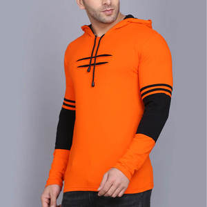 Men's Orange Hooded Long Sleeve Pullover Knitted <b>Sweatshirt</b> With <b>Black</b> Accents Casual Summer Wear Breathable Fit - Product Image 3