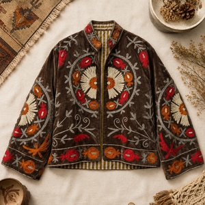<b>Women</b> Brown Suzani <b>Velvet</b> <b>Jacket</b> Handmade Floral Embroidered Boho Ethnic Winter Coat Vintage Artisan Premium Designer Outerwear - Product Image 2