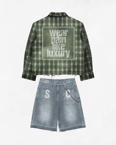 Plaid Denim <b>Shirt</b> Set Rhinestone <b>Patchwork</b> Turn-down Collar Button-up Casual Streetwear Outfit for Men - Product Image 2