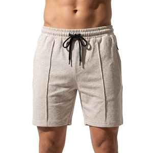 Shorts pour hommes en mélange coton-polyester beige, taille à cordon de serrage, couleur unie, tissu tricoté respirant, poches, taille mi-haute - Product Image 3