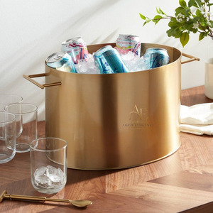 Modern Matte Gold Oval Galvanized Steel <b>Ice</b> Bucket With Unique Side Handles, Party Champagne Beer Beverage Tub For Serving - Product Image 1