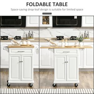 Îlot de cuisine polyvalent en bois naturel avec dessus rabattable, chariot de service blanc sur roulettes, tiroir, armoire et porte-serviettes, facile à utiliser - Product Image 6