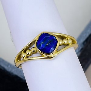 Bezel Setting Lapis Lazuli <b>Ring</b> Solid 925 Sterling <b>Silver</b> Yellow Gold Plated Split <b>Band</b> Gemstone <b>Ring</b> For Women Anniversary - Product Image 3