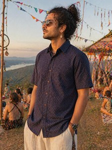 Handmade Men Cotton Geometric Print <b>Half</b> Sleeve <b>Shirt</b> Ethically Sourced Indigo Blue Casual Summer Wear for Men - Product Image 3