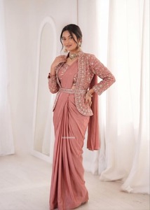 Traditional Embroidered Satin Saree Stylish Satin Saree with <b>Jacket</b> <b>Womens</b> Heavy Work Satin Saree Bridal Party Wear Satin Saree - Product Image 5