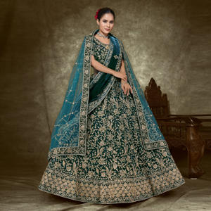 Premium Velvet Bridal <b>Lehenga</b> <b>Choli</b> Set Intricate Hand Embroidery | Bollywood Style Floor-Length <b>Women's</b> Wedding Wear Quick Dry - Product Image 3