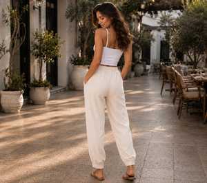 Pantalones Harem 100% Algodón Puro |   Pantalones casuales de cintura media con frente plano y efecto lavado, transpirables para verano - Product Image 2