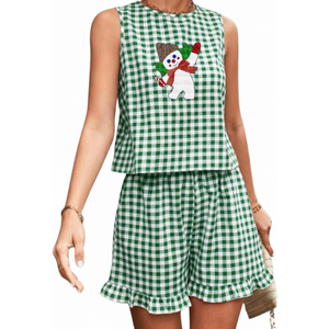 Conjunto de Dos Piezas a Cuadros Verde para Mujer, Top Corto sin Mangas con Bordado de Muñeco de Nieve y Pantalones Cortos con Volantes, Casual, Transpirable, para Primavera/Verano - Product Image 1