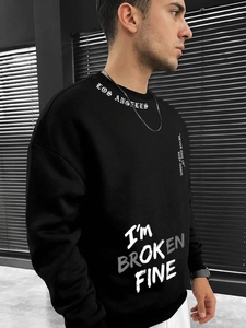 Pull décontracté pour homme noir à col montant et quart de zip imprimé « I'm Broken Fine », coupe régulière, respirant, 100 % polyester, idéal pour l'automne - Product Image 2