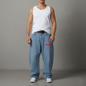 High Quality 100% Cotton Acid Custom DTF Printed Logo Breathable Stonewashed Style Denim Baggy Hip Hop streetwear Men's pants - Product Image 4