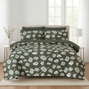 Juego de Cubrecama Olive Charm de 3 Piezas, Diseño Sólido con Pespunte en Diamante, Mezcla de Algodón T-150, Ropa de Cama para Toda Temporada, Uso Doméstico, Estilo Duradero - Product Image 3