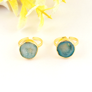 Elegant Aqua Druzy Agate Statement Open <b>Adjustable</b> Fashion <b>Ring</b> 18k Gold Plated Raw Gemstone Unique Trendy Best Fashion Jewelry - Product Image 1