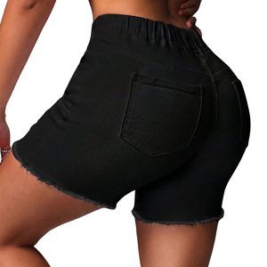 Womens Mid <b>Waist</b> Black Denim Shorts Washed Drawstring <b>Elastic</b> <b>Waist</b> Distressed Ripped Casual Stretch Summer Everyday Style 6XL - Product Image 2