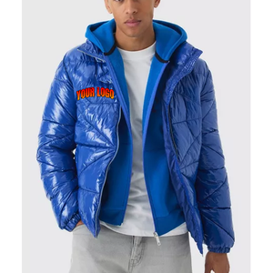 Custom logo puffer jacket High gloss Blue <b>bubble</b> <b>coat</b> Mens shiny hooded winter <b>coat</b> Streetwear OEM 2027 jacket - Product Image 1