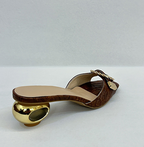 Mules pour femmes en cuir PU à motif crocodile, talon circulaire sculpté bas en métal, boucle dorée épaisse, bout ouvert, pour l'été et les soirées - Product Image 4