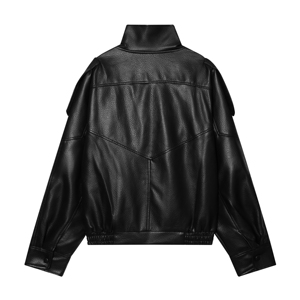 Chaqueta de cuero para mujer con botones frontales, estilo casual, corta, de manga larga, con bolsillo en el pecho y doble banda en la parte delantera. - Product Image 4