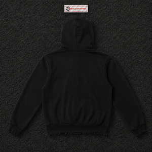 Sudadera con capucha negra oversize con cremallera completa, estampado de estrella roja y borde desgastado, estilo streetwear unisex de corte holgado, en oferta. - Product Image 6