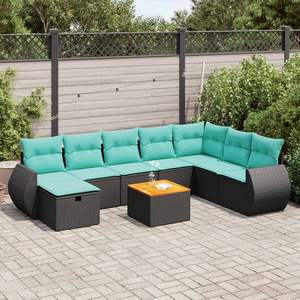 Conjunto de Sofás de Patio de Ratán Sintético Negro con Cojines, Muebles de Jardín para Exteriores, Diseño Contemporáneo, 9 Piezas - Product Image 1