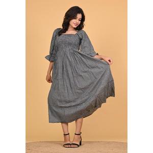Vestido Maxi de Algodón con Estampado de Cuadros Negros, Vestido de Verano Bohemio de Manga Larga para Mujer - Product Image 2