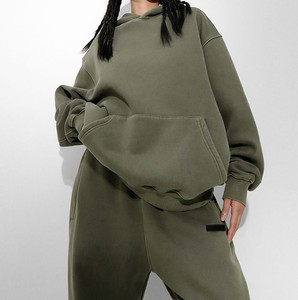 Men's Olive Green Hooded Sweatshirt <b>Set</b> 100% Cotton French Terry Casual Autumn Wear - Product Image 2