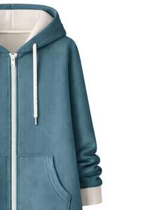 Sweat à capuche long zippé bleu sarcelle pour femme, manteau d'hiver en polaire décontracté et oversize avec poches, personnalisable OEM - Product Image 5