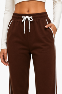 Pantalon de jogging marron pour femme, coupe droite, décontracté, jambe large, taille haute, coupe décontractée, pantalon de sport avec cordon de serrage à la taille - Product Image 4
