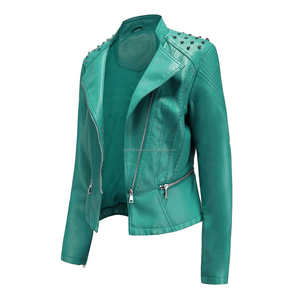 Mujeres Teal Casual Biker estilo cuero genuino Slim Fit asimétrico cremallera tachonado hombros transpirable viscosa Otoño Invierno - Product Image 3