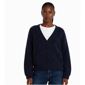 Cárdigan de Punto para Mujer, Cuello en V, Color Azul Marino, Manga Larga, Casual, Color Sólido, Antipilling, Suéter para Otoño - Product Image 4
