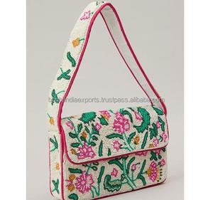 <b>Pink</b> Striped Embroidered Lemon Flap Handbag With Ring Handle Casual Daily Use Textile Handmade Bag - Product Image 1