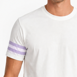 Camiseta Premium para Hombre con Rayas en las Mangas, Cuello Redondo, Blanca, Lavanda, Doble Raya, al por Mayor, Lisa, de Manga Corta, Casual - Product Image 3